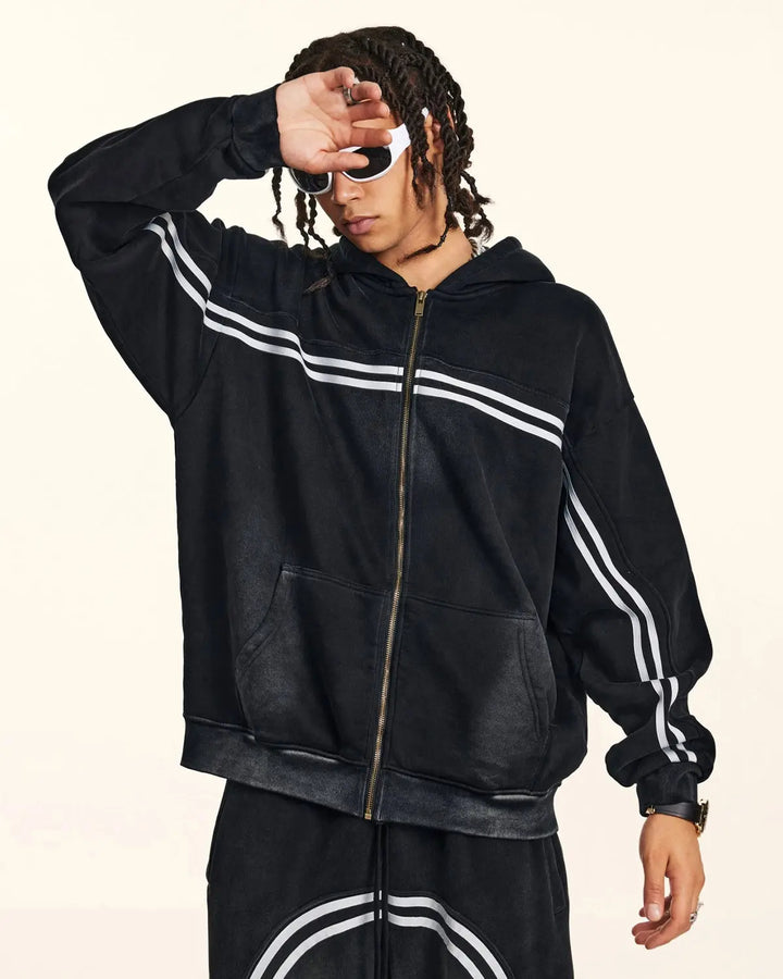 Men's black acid wash zip-up hoodie with white stripes