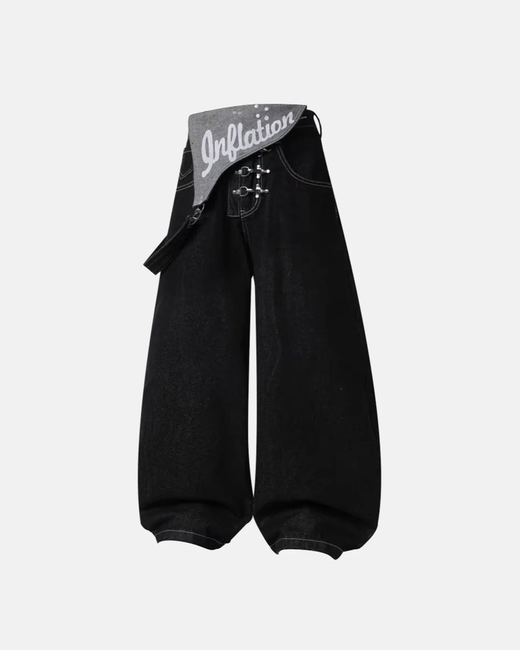 Black denim bib jeans with asymmetric shoulder strap, buckle details and wide legs