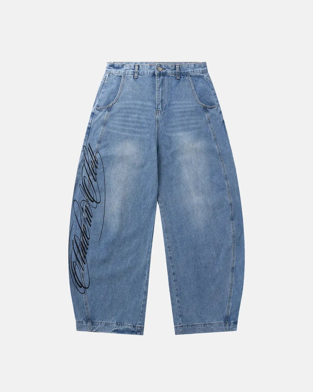 Light blue barrel jeans with script graphic on the left leg