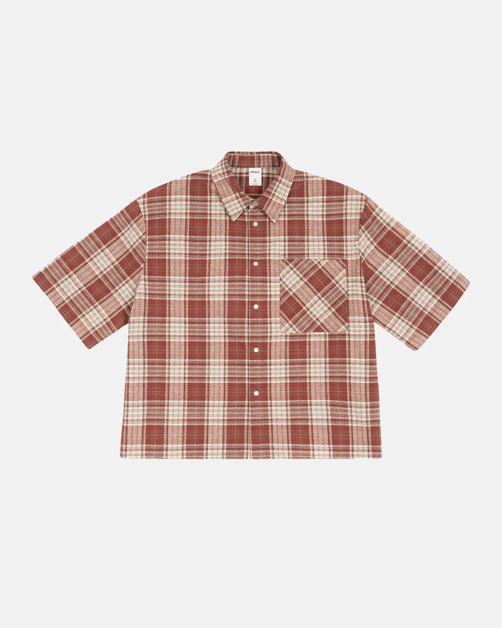 Unisex boxy plaid shirt with short sleeves and chest pocket
