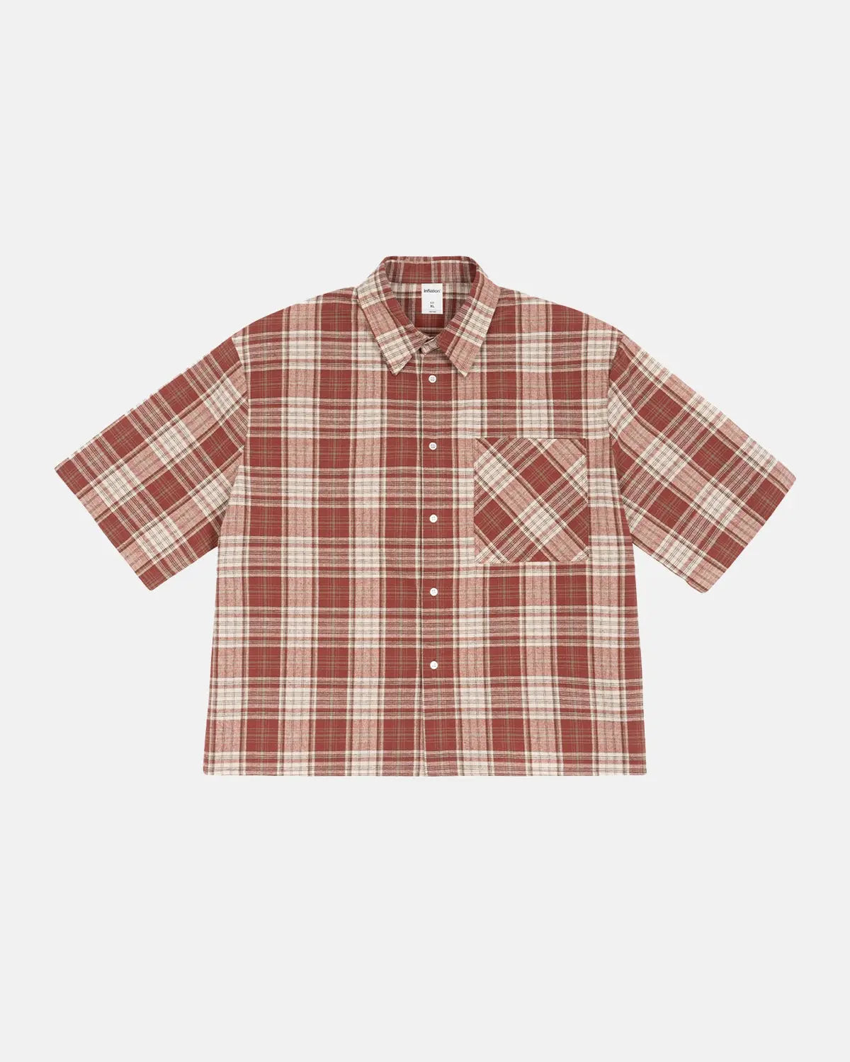 Unisex boxy plaid shirt with short sleeves and chest pocket