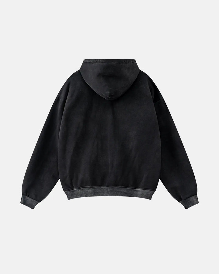 Men's black acid wash zip-up hoodie with white stripes