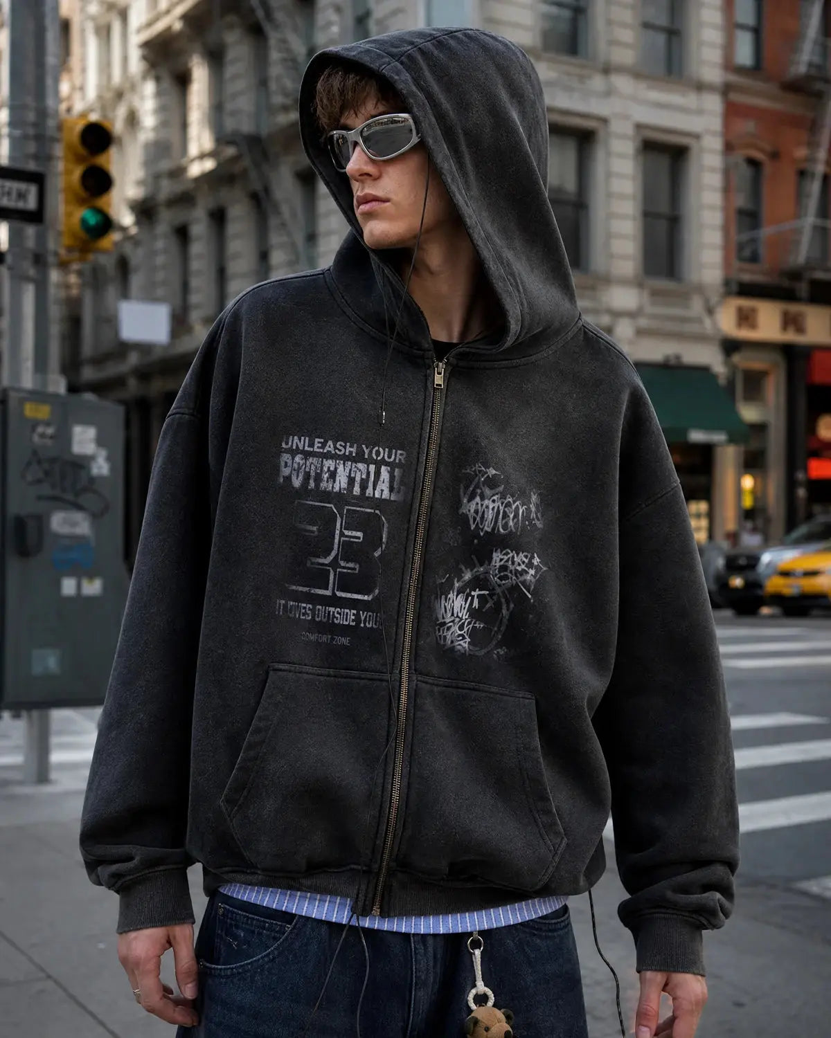Men's washed graphic zip-up hoodie with hood and front pockets