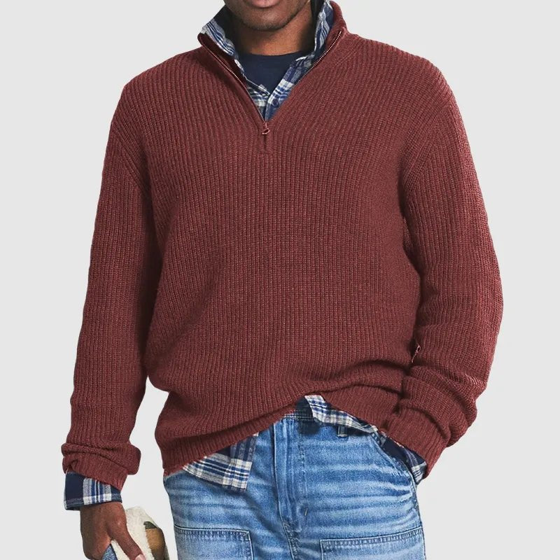 Men's textured ribbed knit sweater with quarter-zip stand collar