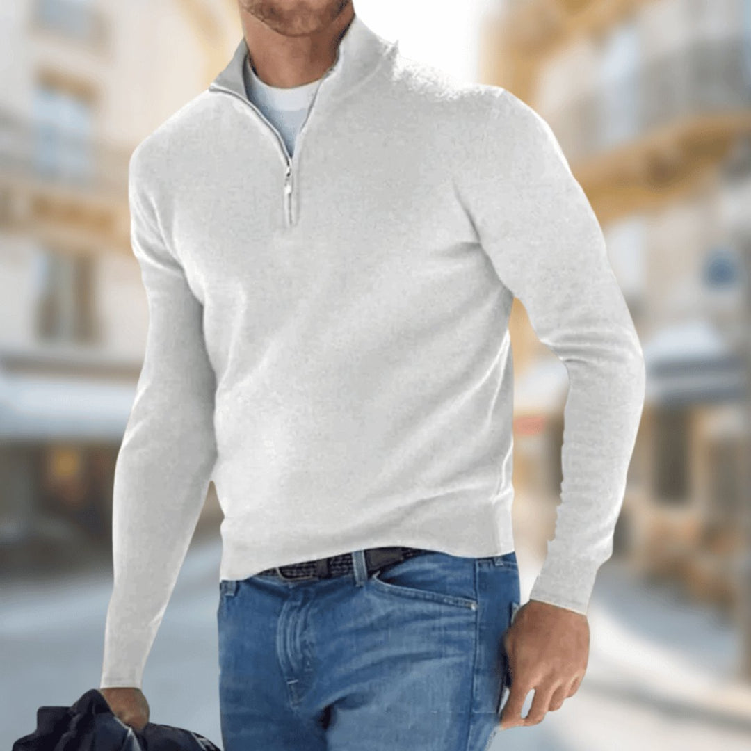 Men's long-sleeve quarter-zip knit sweater with mock neck