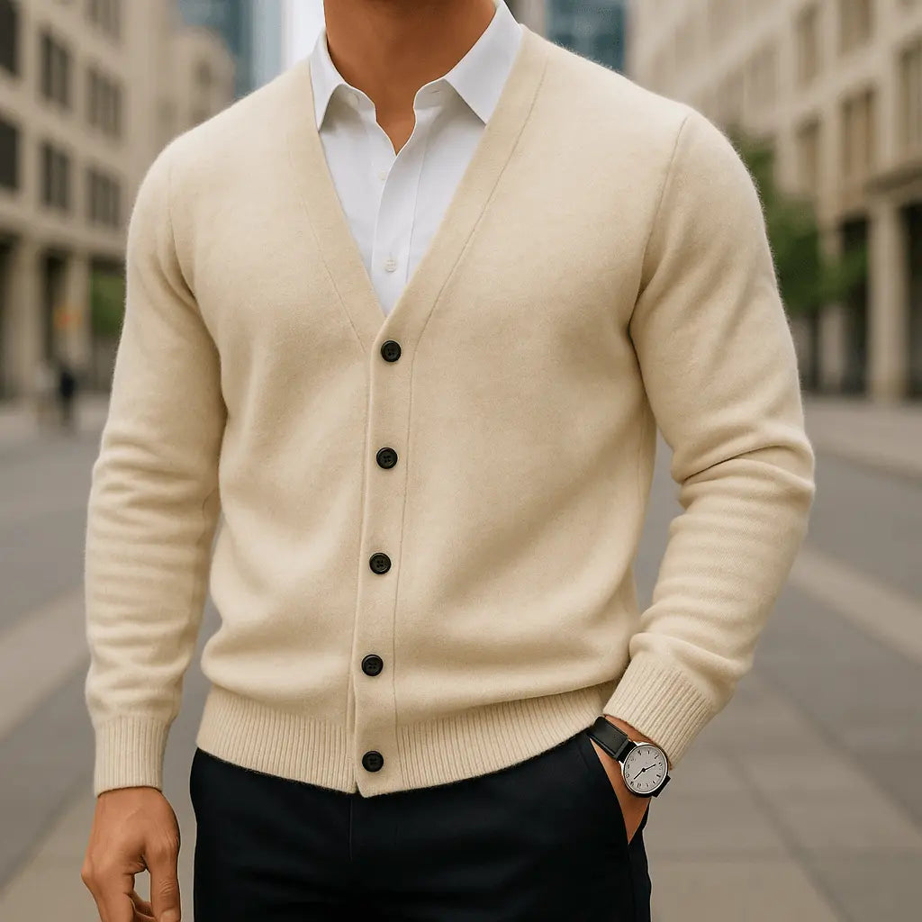 Men's V-neck button cardigan with long sleeves and ribbed trims