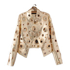 Women's cropped jacket with circular metallic eyelet detailing and long sleeves