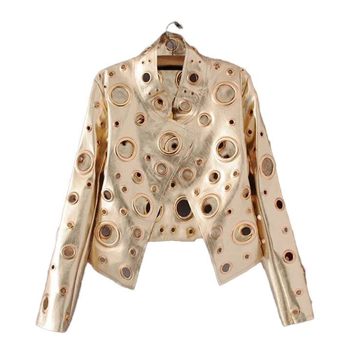 Women's cropped jacket with circular metallic eyelet detailing and long sleeves