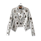 Women's cropped jacket with circular metallic eyelet detailing and long sleeves