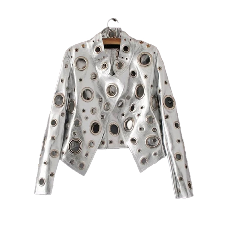 Women's cropped jacket with circular metallic eyelet detailing and long sleeves