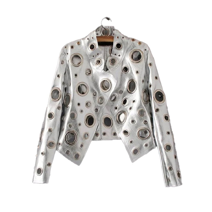 Women's cropped jacket with circular metallic eyelet detailing and long sleeves