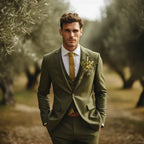 Men's olive green three piece suit with peak lapels and matching waistcoat