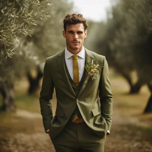 Men's olive green three piece suit with peak lapels and matching waistcoat
