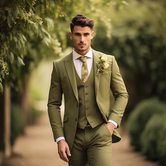 Men's olive green three piece suit with peak lapels and matching waistcoat