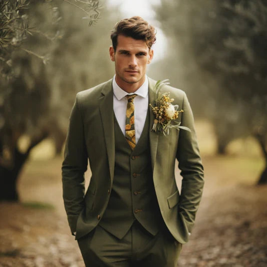 Men's olive green three piece suit with peak lapels and matching waistcoat