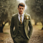 Men's olive green three piece suit with peak lapels and matching waistcoat