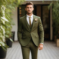 Men's olive green three piece suit with peak lapels and matching waistcoat