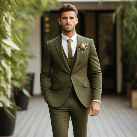 Men's olive green three piece suit with peak lapels and matching waistcoat