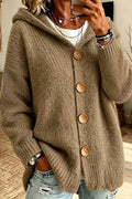 Women's long-sleeve hooded knit cardigan with four-button front