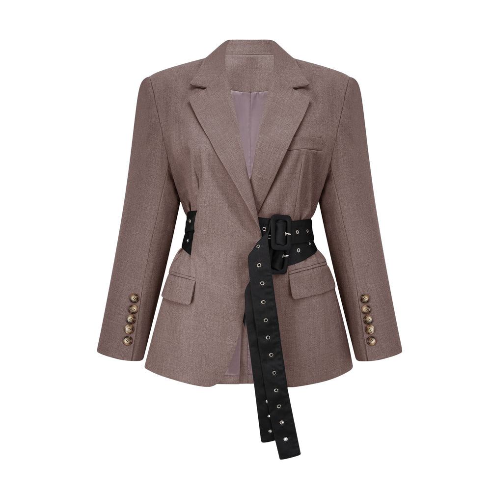 Women's structured belted waist blazer with notched lapels and long sleeves