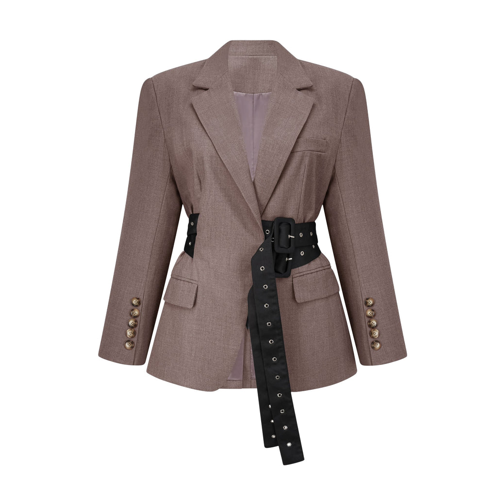 Women's structured belted waist blazer with notched lapels and long sleeves