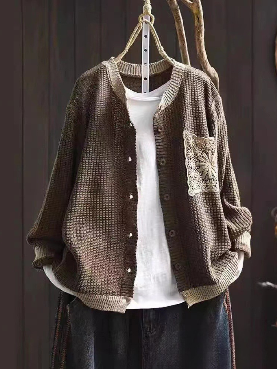 Women's knitted cardigan with button front, ribbed trims and decorative crochet-style chest pocket