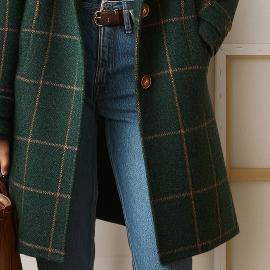 Women's long checkered coat with notched lapels and button front