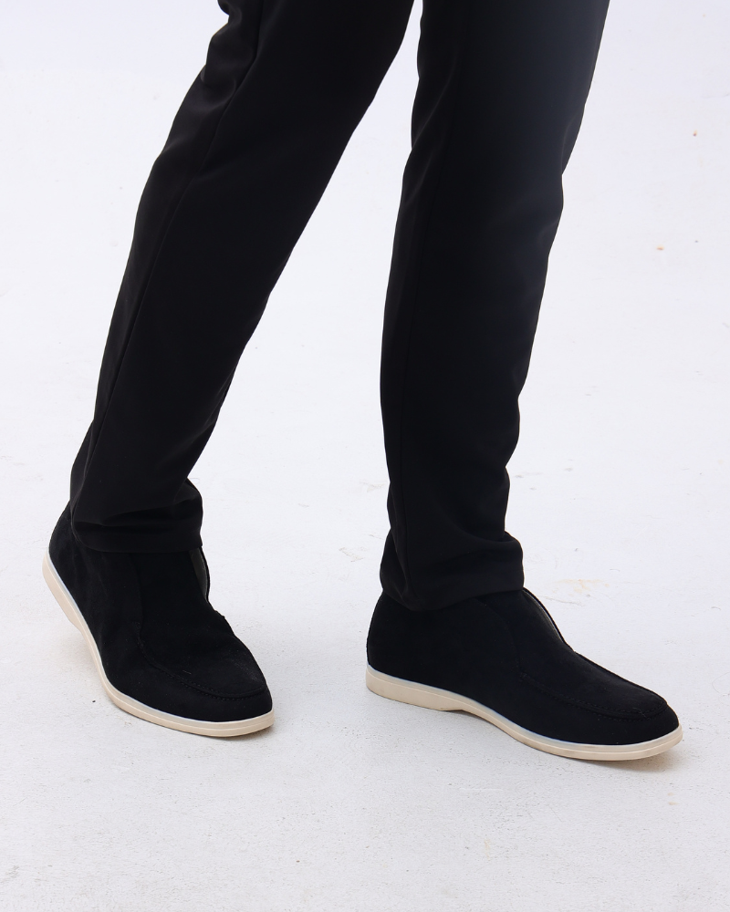 Suede loafers with moc stitching and contrasting light soles
