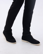 Suede loafers with moc stitching and contrasting light soles