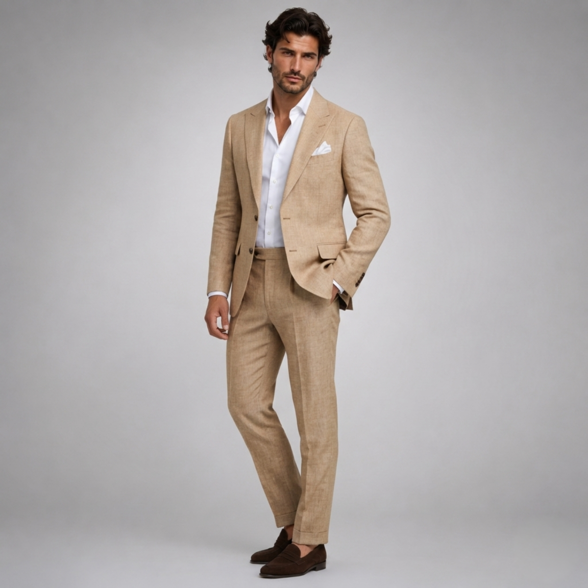 Men's slim fit two piece suit with button blazer and long trousers