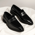 Men's navy and black penny loafers with almond toe and low heel