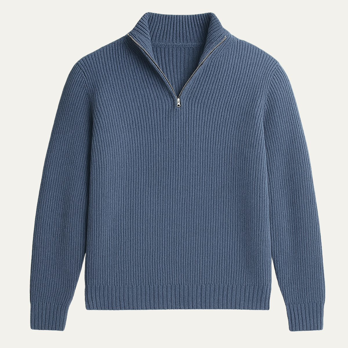 Men's ribbed half zip sweater with high neck and long sleeves
