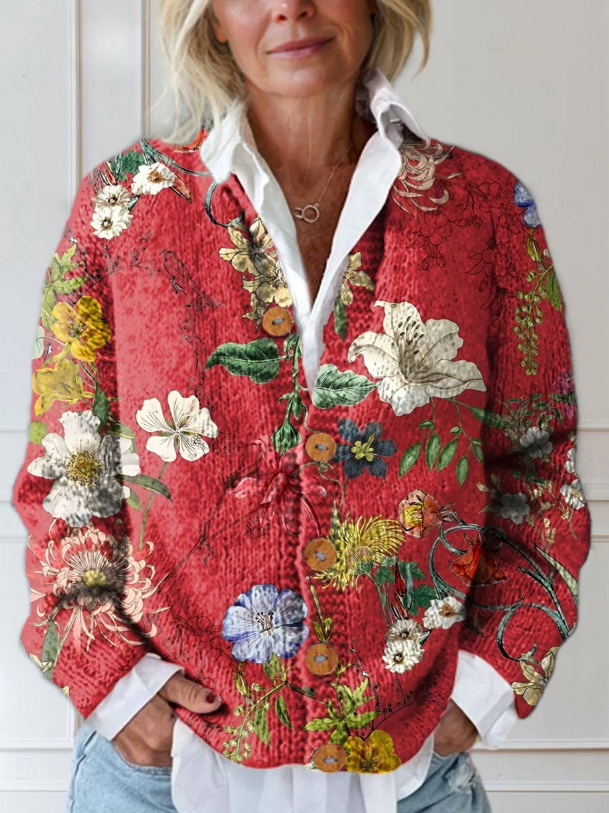 Women's floral button front cardigan with long sleeves and V-neck