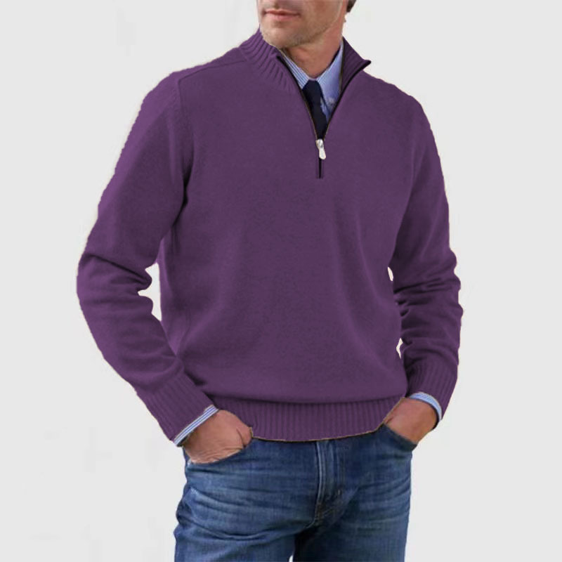Men's quarter zip mock neck jumper with long sleeves and ribbed trims