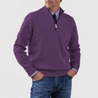 Men's quarter zip mock neck jumper with long sleeves and ribbed trims
