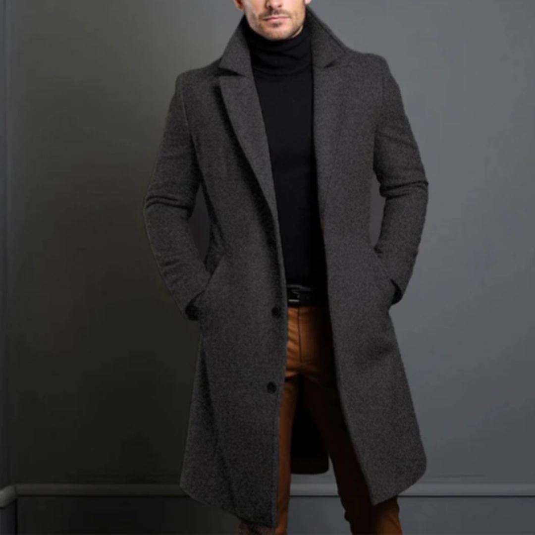 Men's long button-front overcoat with notched lapels and side pockets