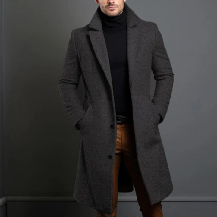 Men's long button-front overcoat with notched lapels and side pockets