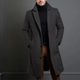 Men's long button-front overcoat with notched lapels and side pockets