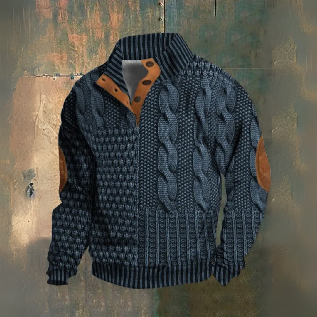 Men's cable knit jumper with high collar, buttons and elbow patches