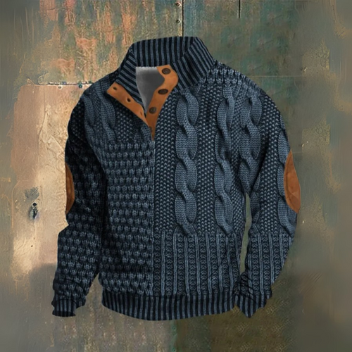 Men's cable knit jumper with high collar, buttons and elbow patches