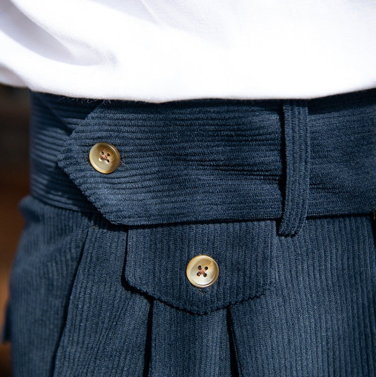 Men's pleated corduroy trousers in coffee and blue