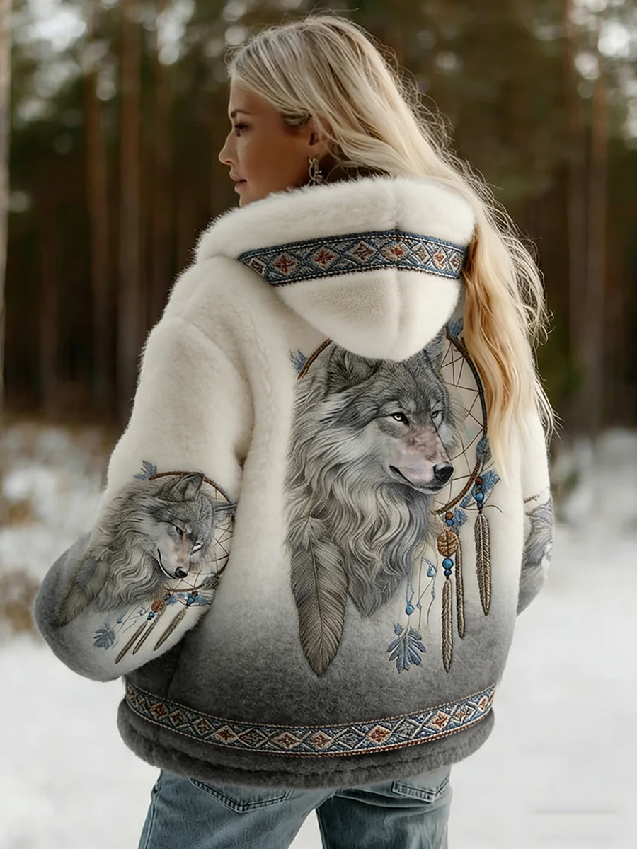 Women's hooded jacket with wolf graphic and patterned trim