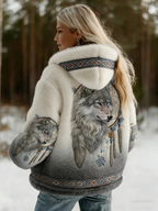 Women's hooded jacket with wolf graphic and patterned trim