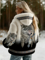 Women's hooded jacket with wolf graphic and patterned trim