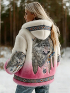 Women's hooded jacket with wolf graphic and patterned trim