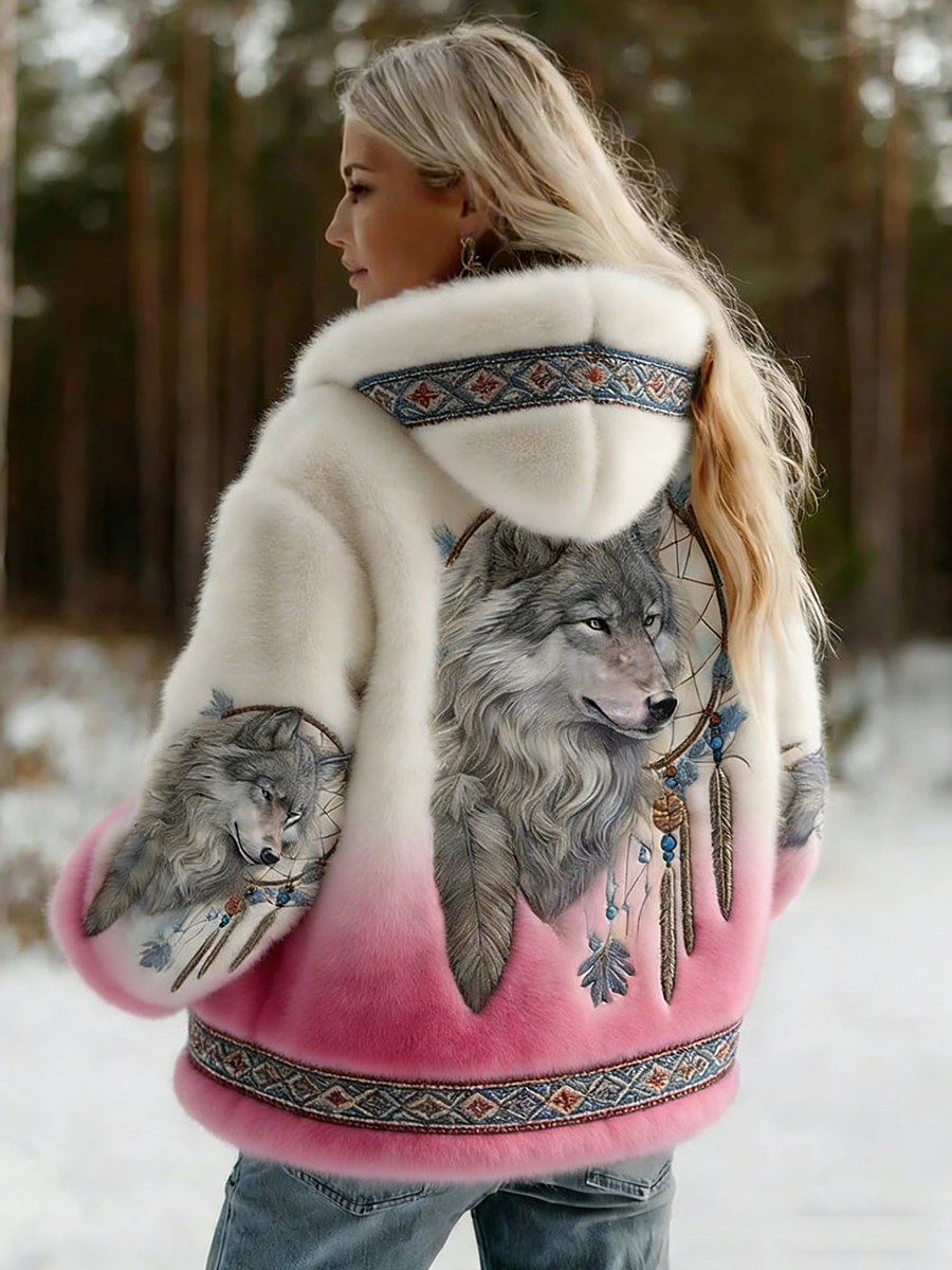 Women's hooded jacket with wolf graphic and patterned trim