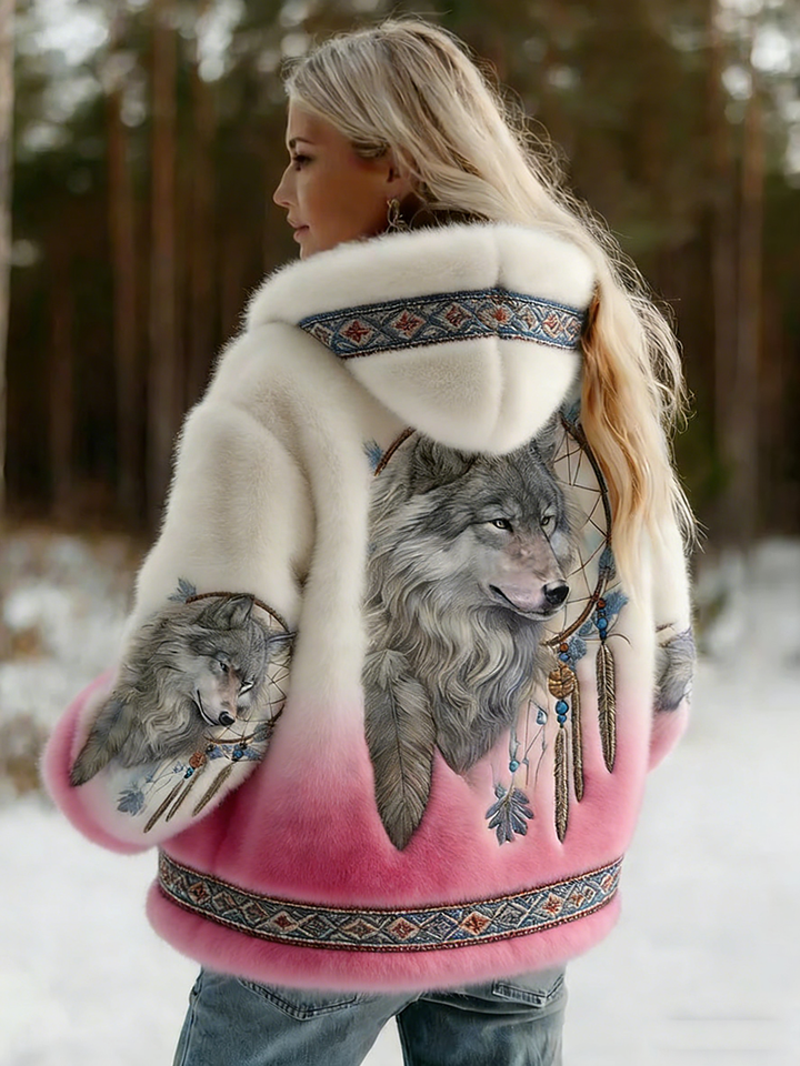 Women's hooded jacket with wolf graphic and patterned trim