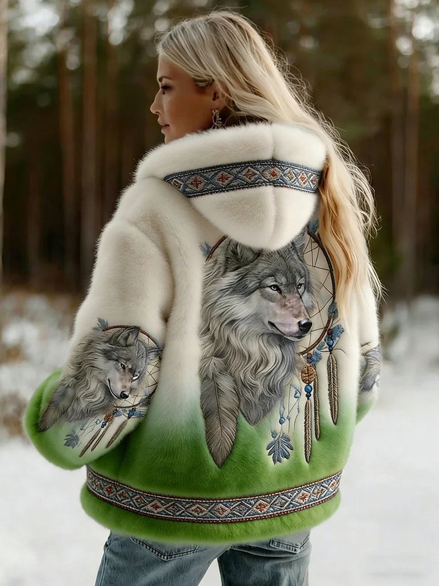 Women's hooded jacket with wolf graphic and patterned trim