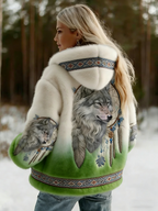 Women's hooded jacket with wolf graphic and patterned trim