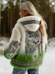 Women's hooded jacket with wolf graphic and patterned trim